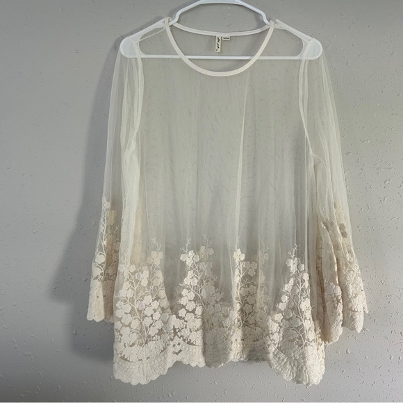 Ultra Pink OffWhite Cream Sheer Flowy Boho Bohemian Lace Blouse Summer Large - Picture 1 of 6